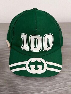 Gucci Kids Green Cap with White '100' Logo and Striped GG Motif